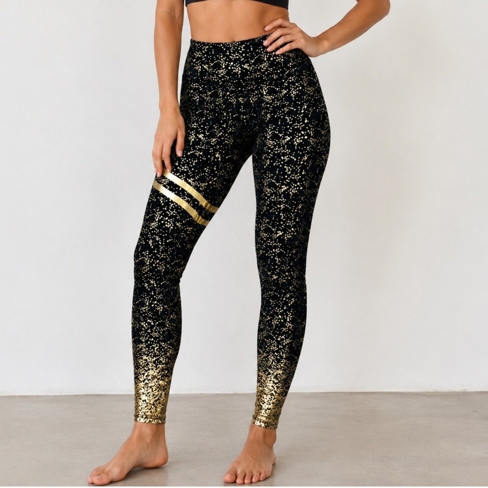 Yilaikeni Women Black Gold Foil Splatter Leggings S/M Metallic Stripe Yoga Pants